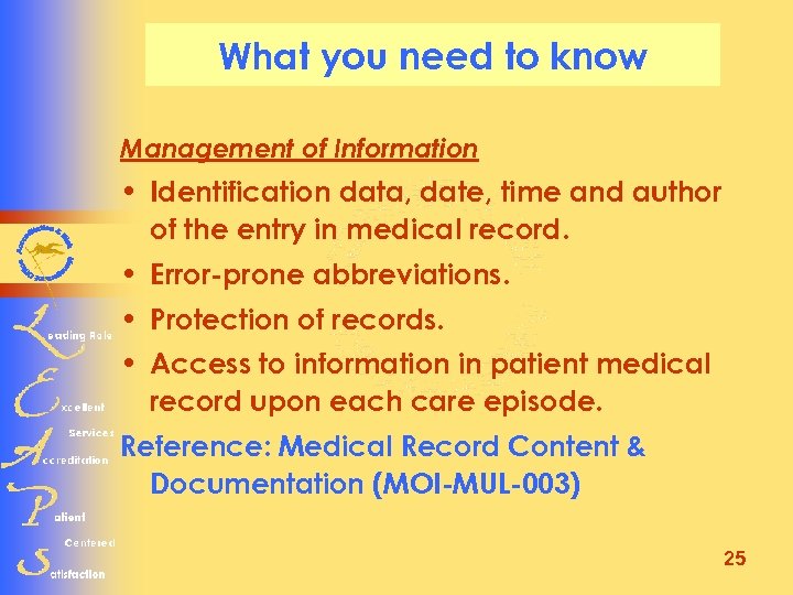 What you need to know Management of Information • Identification data, date, time and