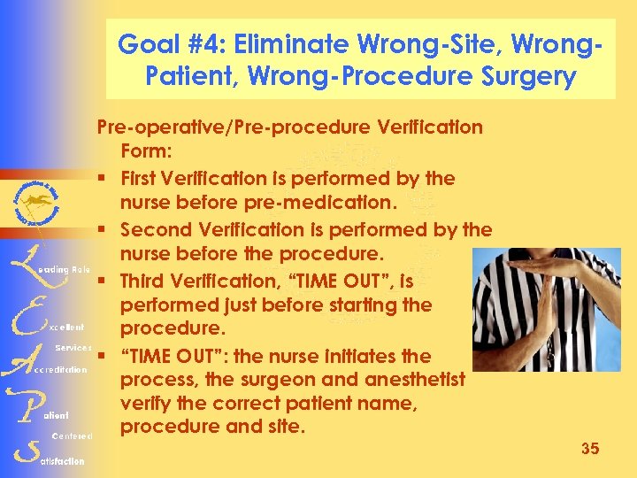 Goal #4: Eliminate Wrong-Site, Wrong. Patient, Wrong-Procedure Surgery Pre-operative/Pre-procedure Verification Form: § First Verification