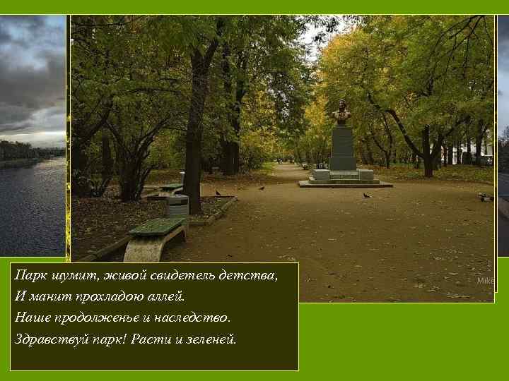 Парк шумит, живой свидетель детства, И манит прохладою аллей. Наше продолженье и наследство. Здравствуй