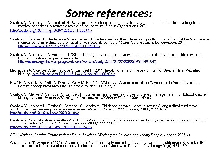 Some references: Swallow V, Macfadyen A, Lambert H, Santacroce S. Fathers’ contributions to management