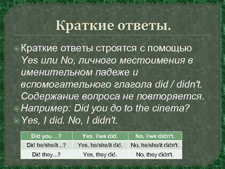  Краткие ответы строятся с помощью Yes или No, личного местоимения в именительном падеже