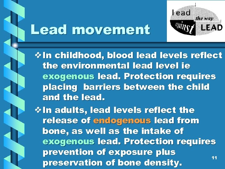 Lead movement v In childhood, blood lead levels reflect the environmental lead level ie