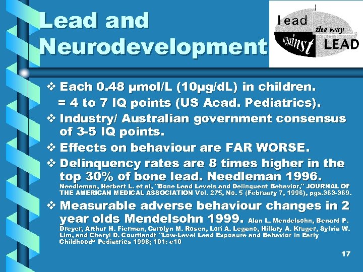 Lead and Neurodevelopment v Each 0. 48 µmol/L (10µg/d. L) in children. = 4