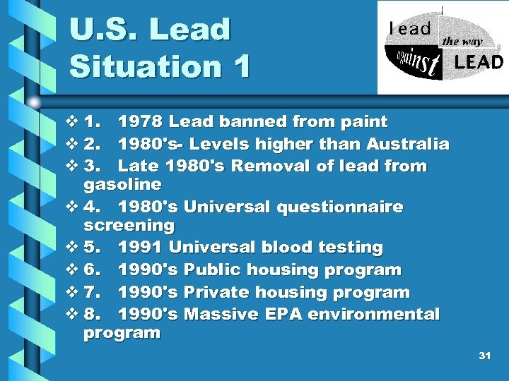 U. S. Lead Situation 1 v 1. 1978 Lead banned from paint v 2.