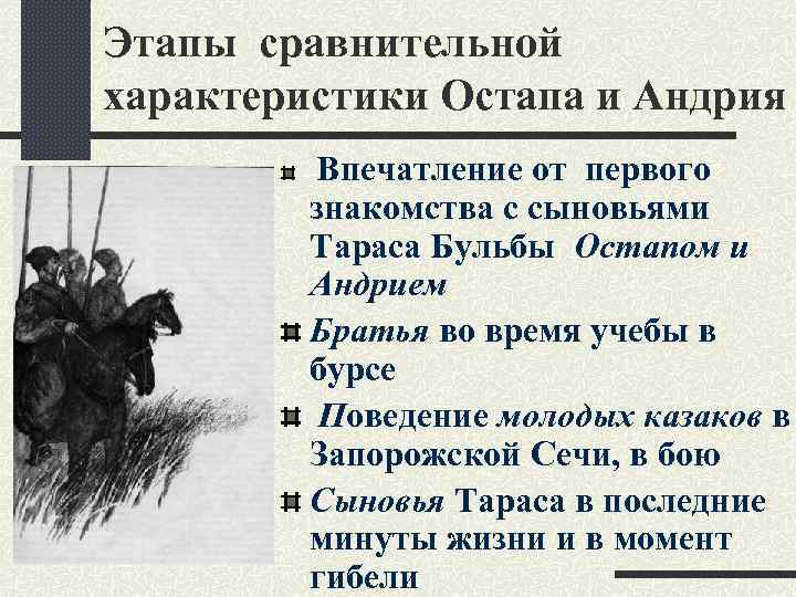 Этапы сравнительной характеристики Остапа и Андрия Впечатление от первого знакомства с сыновьями Тараса Бульбы