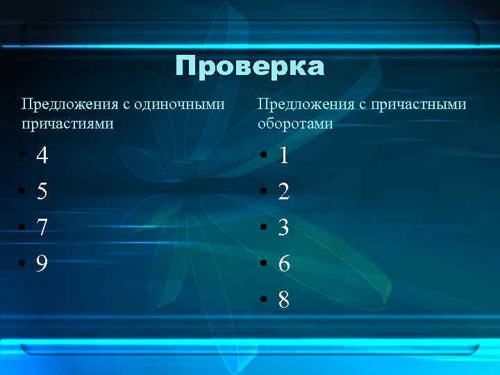 Проверка Предложения с одиночными причастиями Предложения с причастными оборотами • • • 4 5