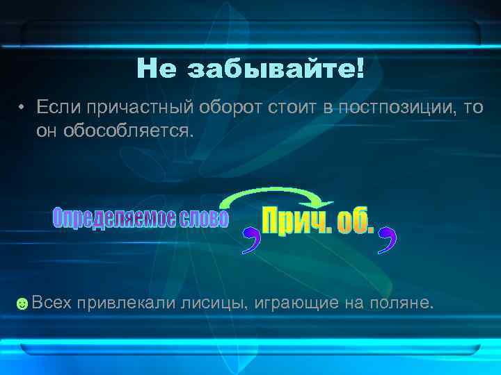 Не забывайте! • Если причастный оборот стоит в постпозиции, то он обособляется. ☻Всех привлекали