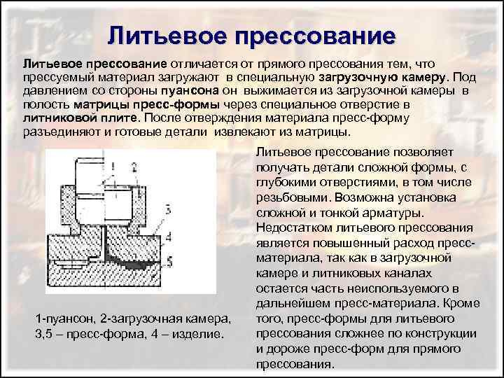 Литьевое прессование отличается от прямого прессования тем, что прессуемый материал загружают в специальную загрузочную