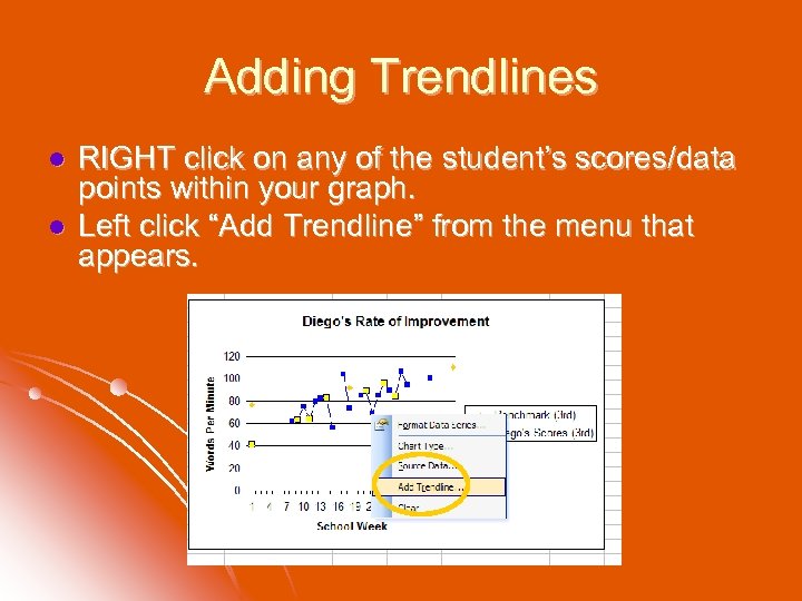 Adding Trendlines l l RIGHT click on any of the student’s scores/data points within