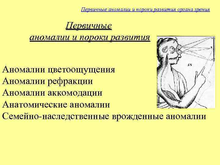 Первичные аномалии и пороки развития органа зрения Первичные аномалии и пороки развития Аномалии цветоощущения