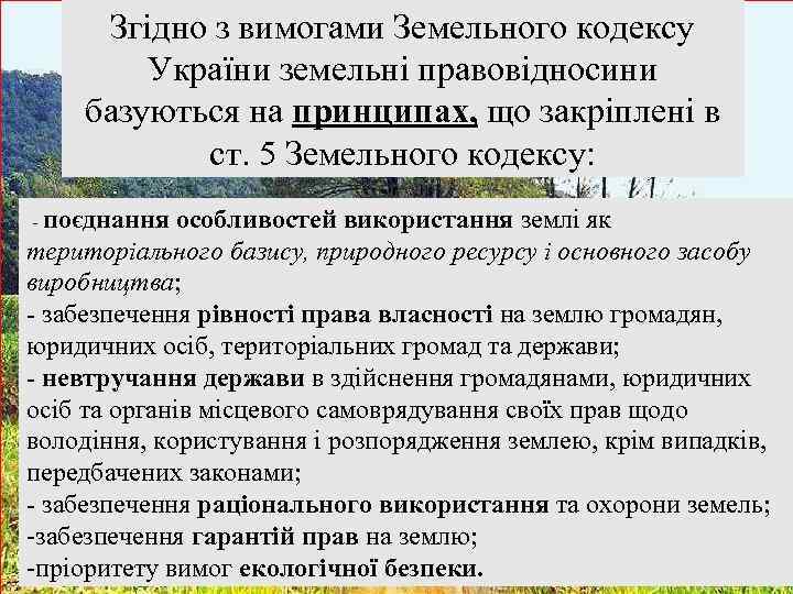 Згідно з вимогами Земельного кодексу України земельні правовідносини базуються на принципах, що закріплені в