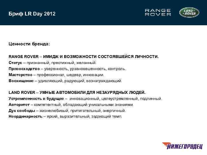 4 Бриф LR Day 2012 Ценности бренда: RANGE ROVER – ИМИДЖ И ВОЗМОЖНОСТИ СОСТОЯВШЕЙСЯ