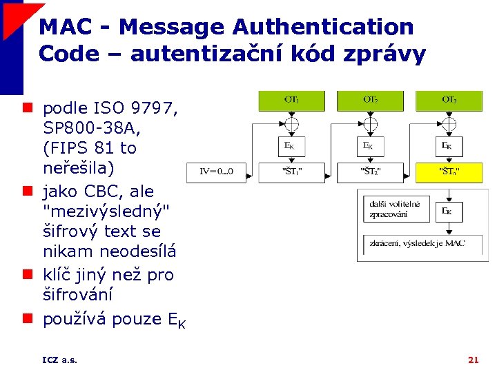 MAC - Message Authentication Code – autentizační kód zprávy n podle ISO 9797, SP