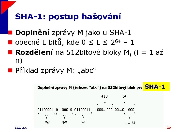 SHA-1: postup hašování n Doplnění zprávy M jako u SHA-1 n obecně L bitů,