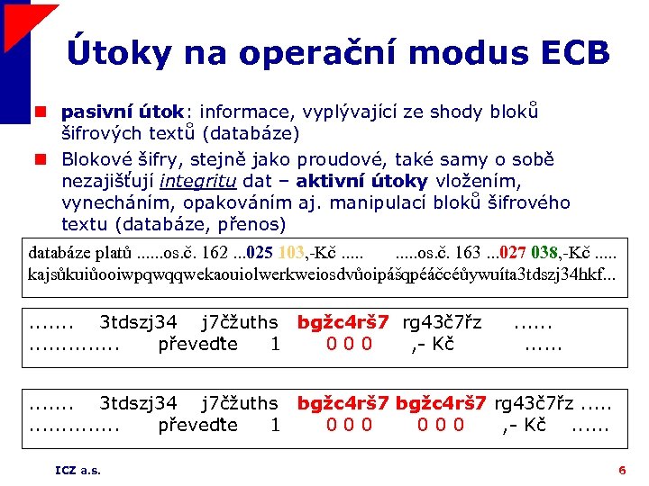 Útoky na operační modus ECB n pasivní útok: informace, vyplývající ze shody bloků šifrových