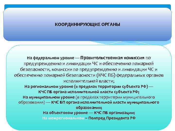 КООРДИНИРУЮЩИЕ ОРГАНЫ На федеральном уровне — Правительственная комиссия по предупреждению и ликвидации ЧС и