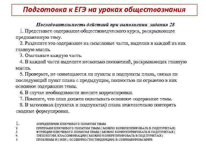 Подготовка к ЕГЭ на уроках обществознания Последовательность действий при выполнении задания 28 1. Представьте