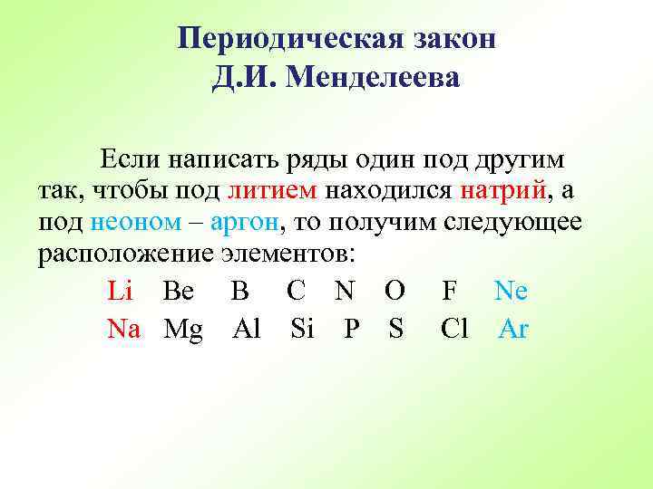 Периодическая закон Д. И. Менделеева Если написать ряды один под другим так, чтобы под