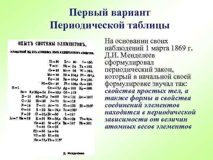 Первый вариант Периодической таблицы На основании своих наблюдений 1 марта 1869 г. Д. И.