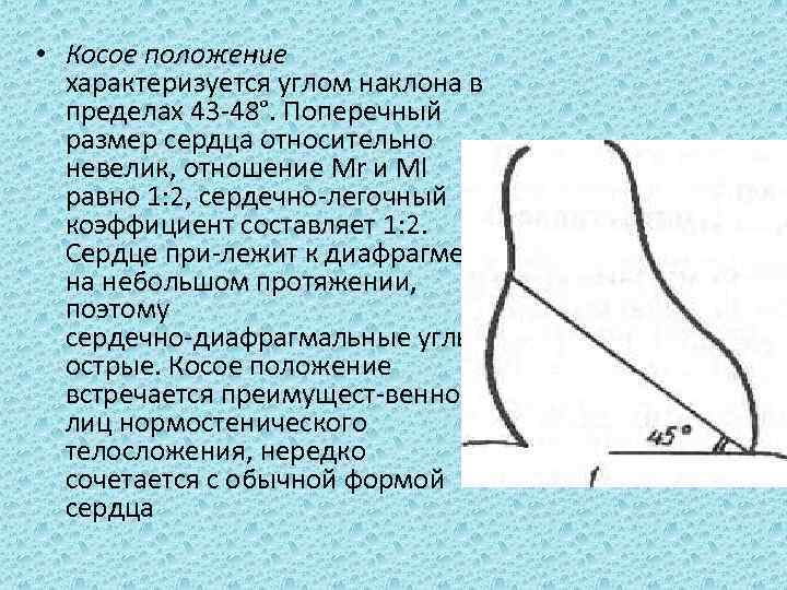 Наклонное положение. Сердечно-легочный коэффициент. Сердечно-легочный коэффициент в норме:. Поперечный размер сердца. Поперечные Размеры сердцасердца.