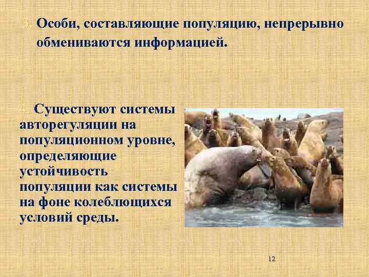 3. Особи, составляющие популяцию, непрерывно обмениваются информацией. 4. Существуют системы авторегуляции на популяционном уровне,