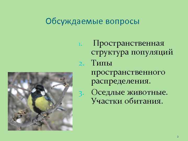 Обсуждаемые вопросы Пространственная структура популяций 2. Типы пространственного распределения. 3. Оседлые животные. Участки обитания.
