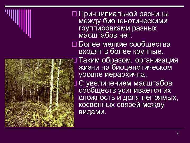 o Принципиальной разницы между биоценотическими группировками разных масштабов нет. o Более мелкие сообщества входят