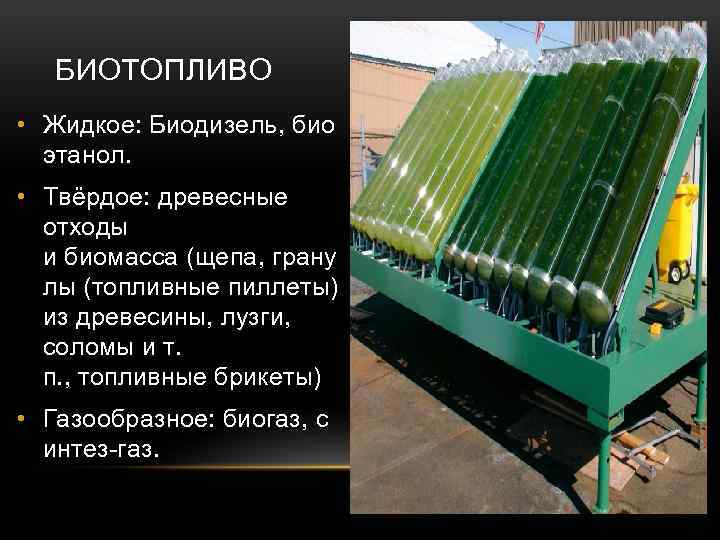 БИОТОПЛИВО • Жидкое: Биодизель, био этанол. • Твёрдое: древесные отходы и биомасса (щепа, грану
