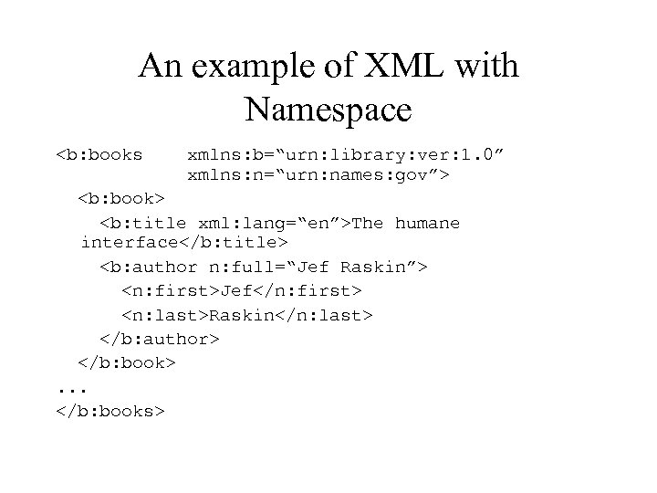An example of XML with Namespace <b: books xmlns: b=“urn: library: ver: 1. 0”