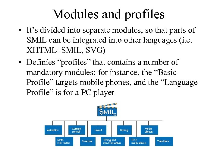 Modules and profiles • It’s divided into separate modules, so that parts of SMIL
