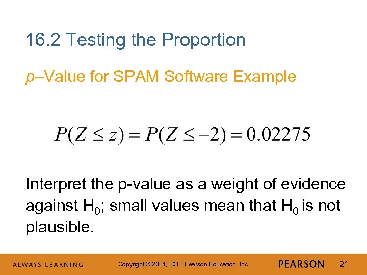 16. 2 Testing the Proportion p–Value for SPAM Software Example Interpret the p-value as