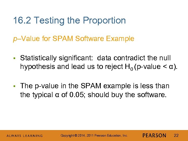 16. 2 Testing the Proportion p–Value for SPAM Software Example § Statistically significant: data