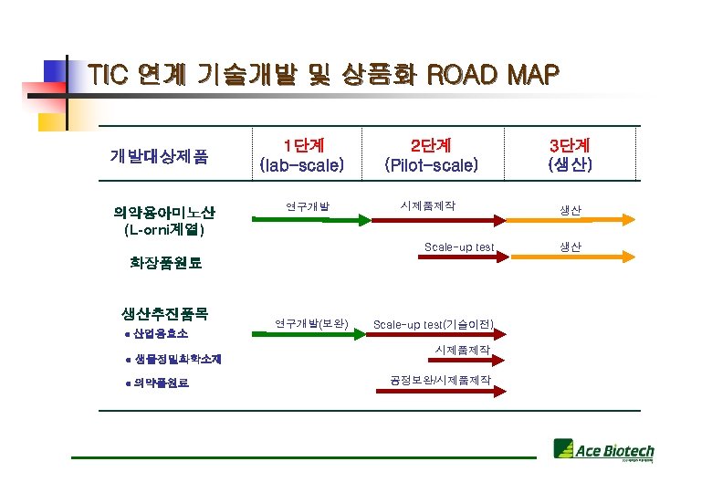 TIC 연계 기술개발 및 상품화 ROAD MAP 개발대상제품 의약용아미노산 (L-orni계열) 1단계 (lab-scale) 연구개발 2단계