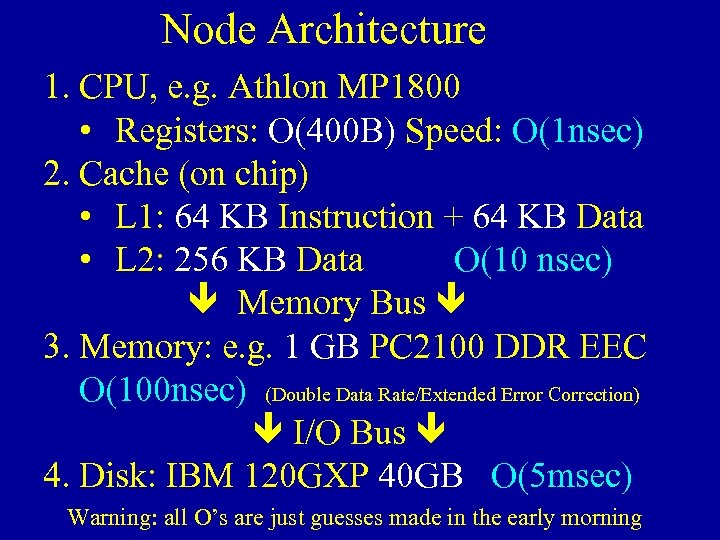 Node Architecture 1. CPU, e. g. Athlon MP 1800 • Registers: O(400 B) Speed: