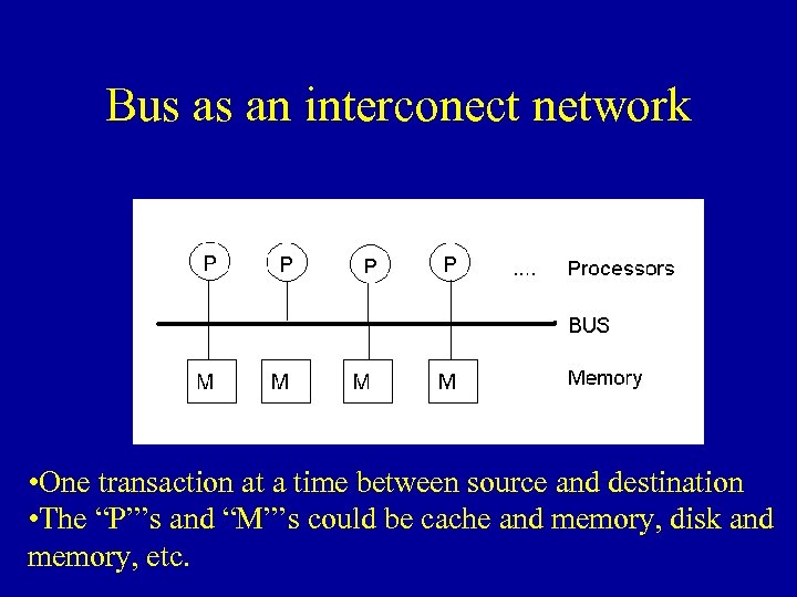 Bus as an interconect network • One transaction at a time between source and