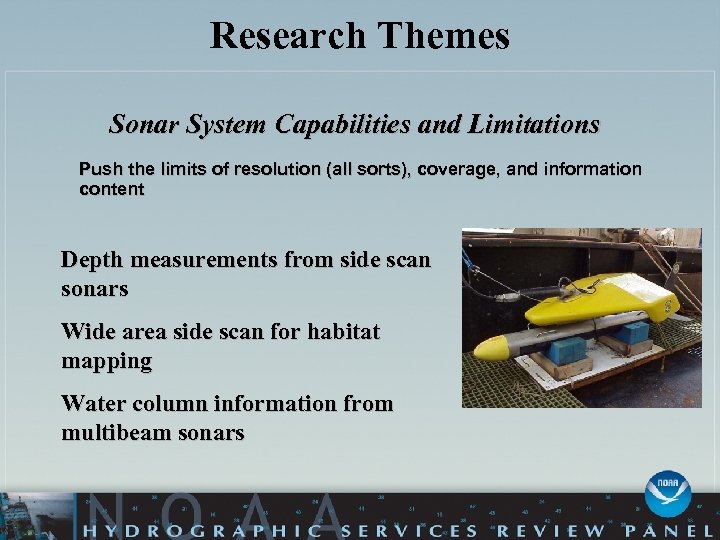 Research Themes Sonar System Capabilities and Limitations Push the limits of resolution (all sorts),
