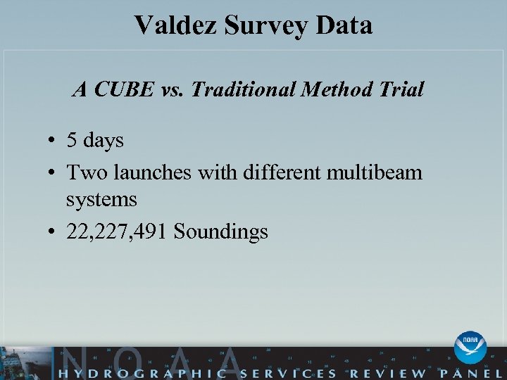 Valdez Survey Data A CUBE vs. Traditional Method Trial • 5 days • Two