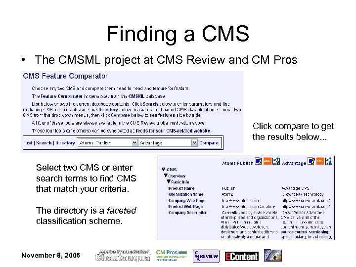 Finding a CMS • The CMSML project at CMS Review and CM Pros Click