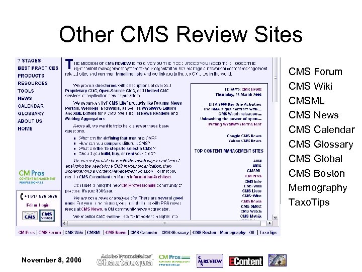 Other CMS Review Sites • • • November 8, 2006 CMS Forum CMS Wiki