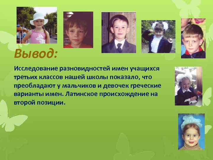 Вывод: Исследование разновидностей имен учащихся третьих классов нашей школы показало, что преобладают у мальчиков