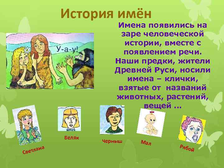 История имён Имена появились на заре человеческой истории, вместе с появлением речи. Наши предки,