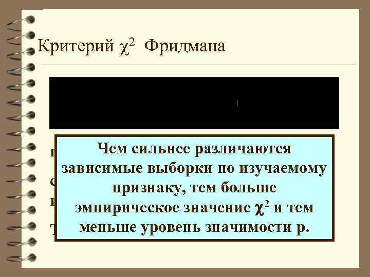 Критерий 2 Фридмана Чем сильнее различаются n – число испытуемых зависимые выборки по изучаемому