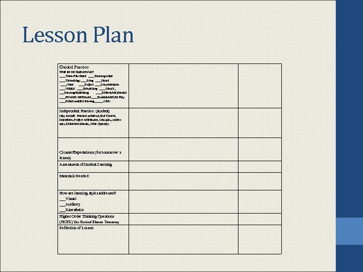 Lesson Plan Guided Practice What are the students to do? ____Think-Pair-Share ____Thinking Maps ____Technology