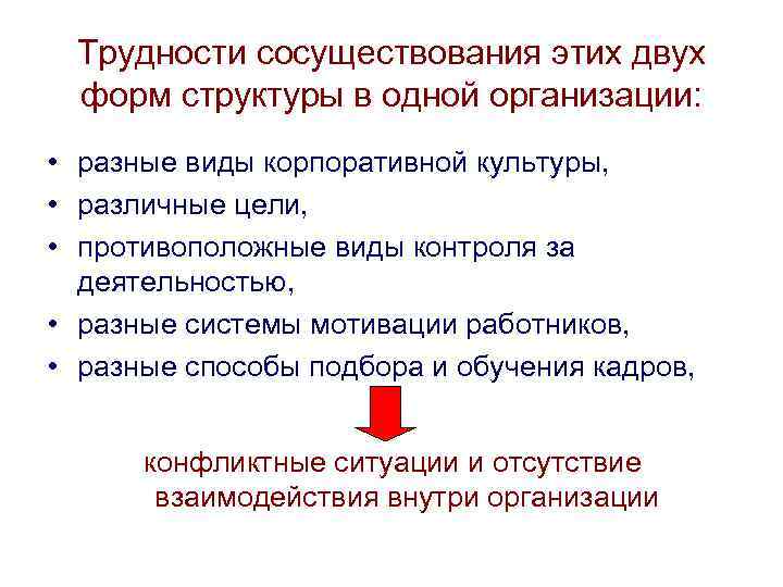 Трудности сосуществования этих двух форм структуры в одной организации: • разные виды корпоративной культуры,