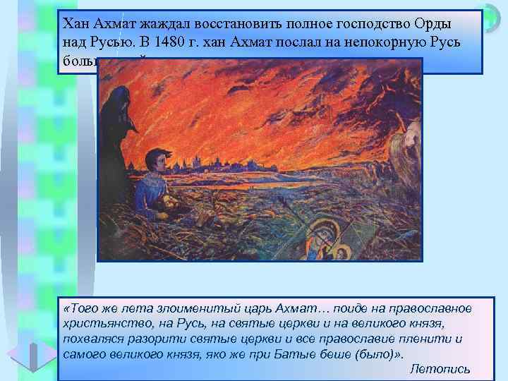 Меню Хан Ахмат жаждал восстановить полное господство Орды над Русью. В 1480 г. хан