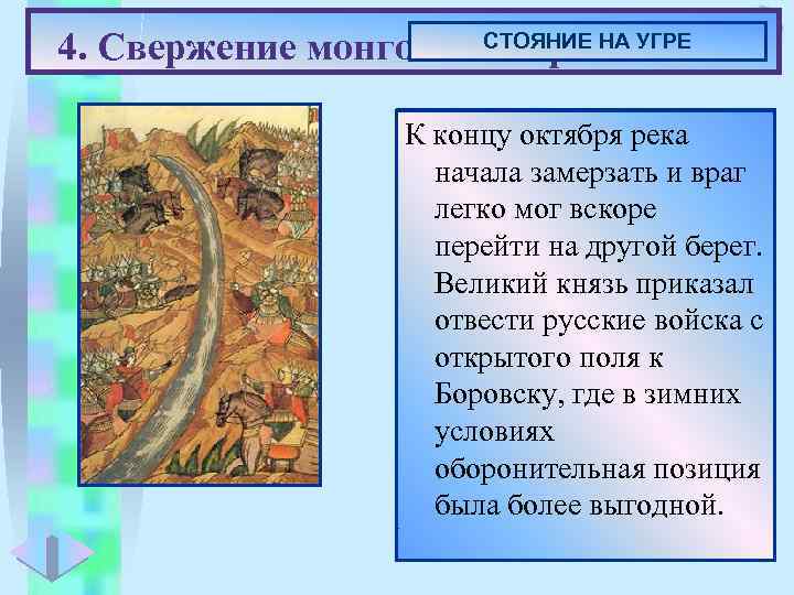 Меню СТОЯНИЕ НА УГРЕ 4. Свержение монголо-татарского ига. • Иван октября река К концу.