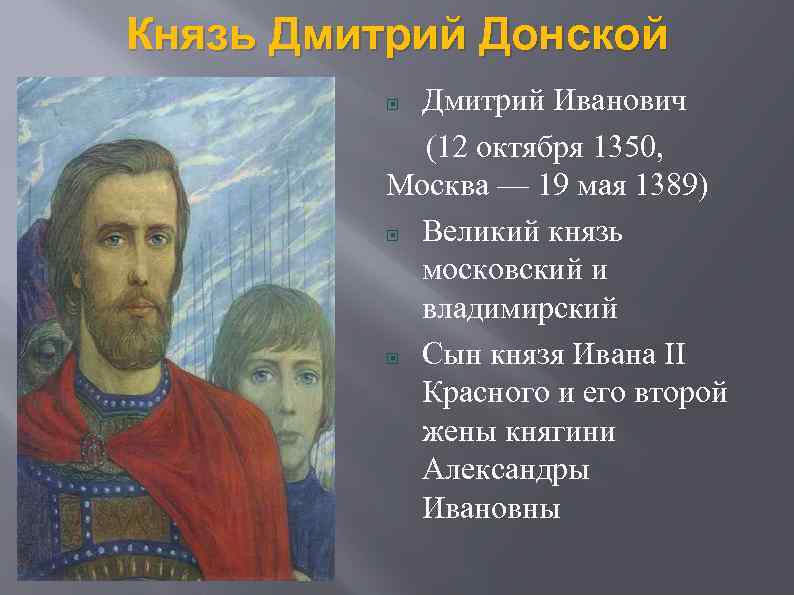 Князь Дмитрий Донской Дмитрий Иванович (12 октября 1350, Москва — 19 мая 1389) Великий