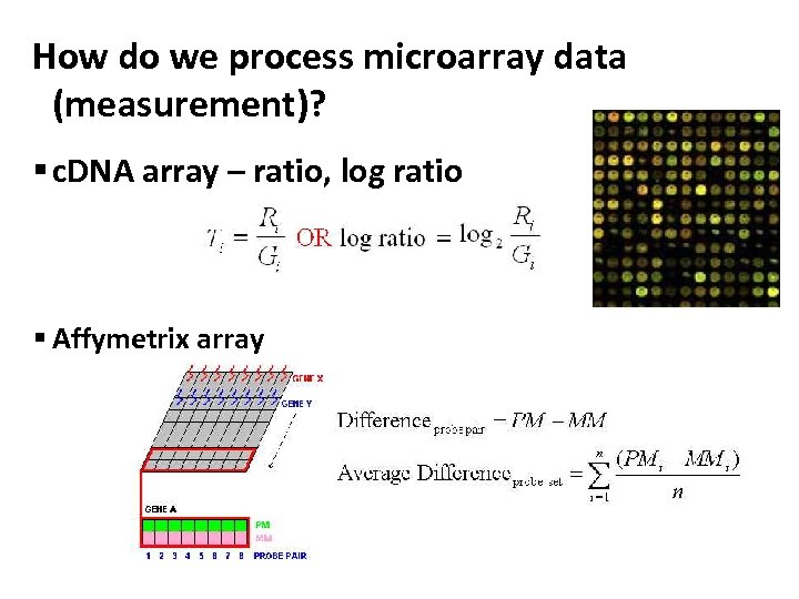 How do we process microarray data (measurement)? § c. DNA array – ratio, log