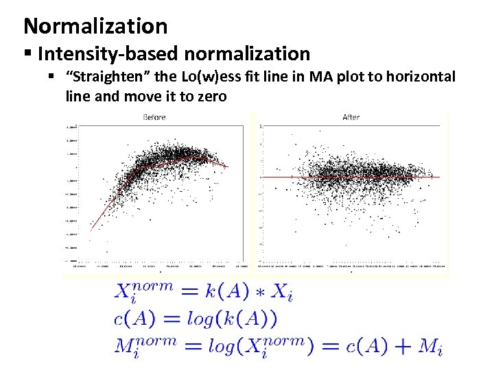 Normalization § Intensity-based normalization § “Straighten” the Lo(w)ess fit line in MA plot to
