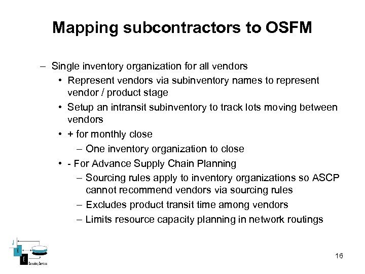 Mapping subcontractors to OSFM – Single inventory organization for all vendors • Represent vendors